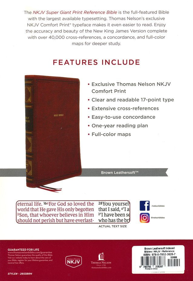 Personalized NKJV Reference Bible Super Giant Print Leathersoft Brown Thumb Indexed