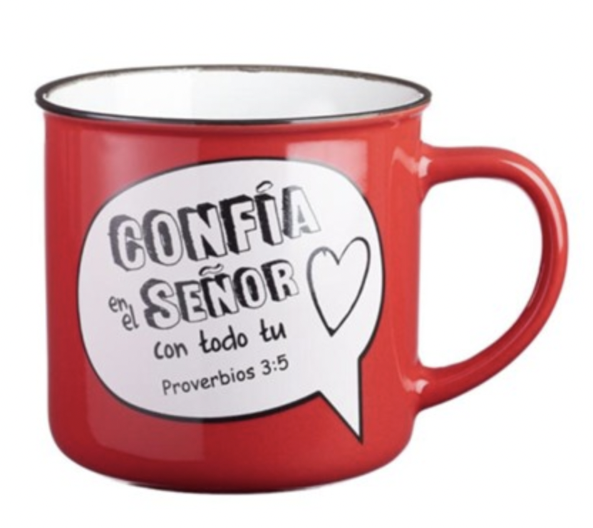 Taza roja estilo campamento Proverbios 3:5 (Spanish Proverbs 3:5 Mug)