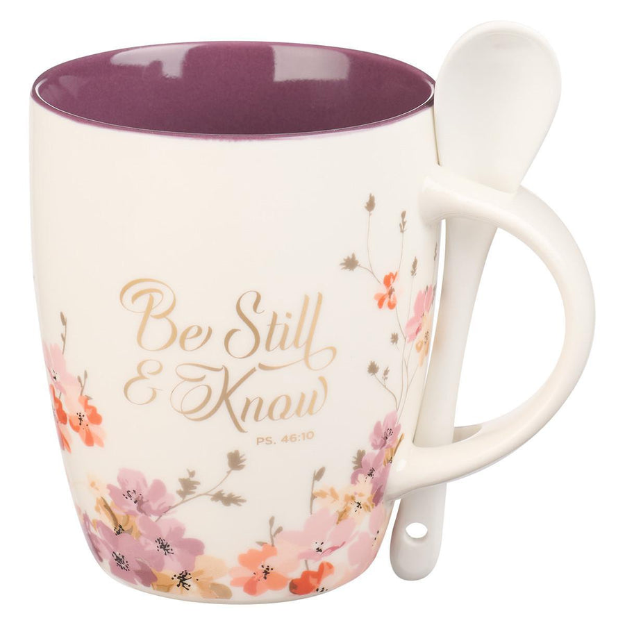 Be Still & Know Psalm 46:10 Purple Floral Ceramic Coffee Mug with Spoon