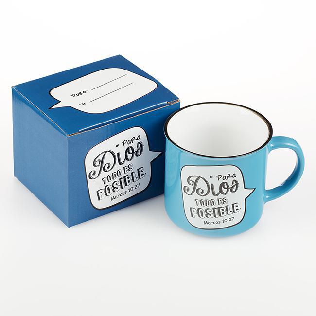 Taza azul estilo campamento Marcos 10:27 (Spanish Mark 10:27 Mug)