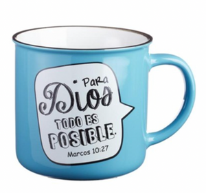 Taza azul estilo campamento Marcos 10:27 (Spanish Mark 10:27 Mug)