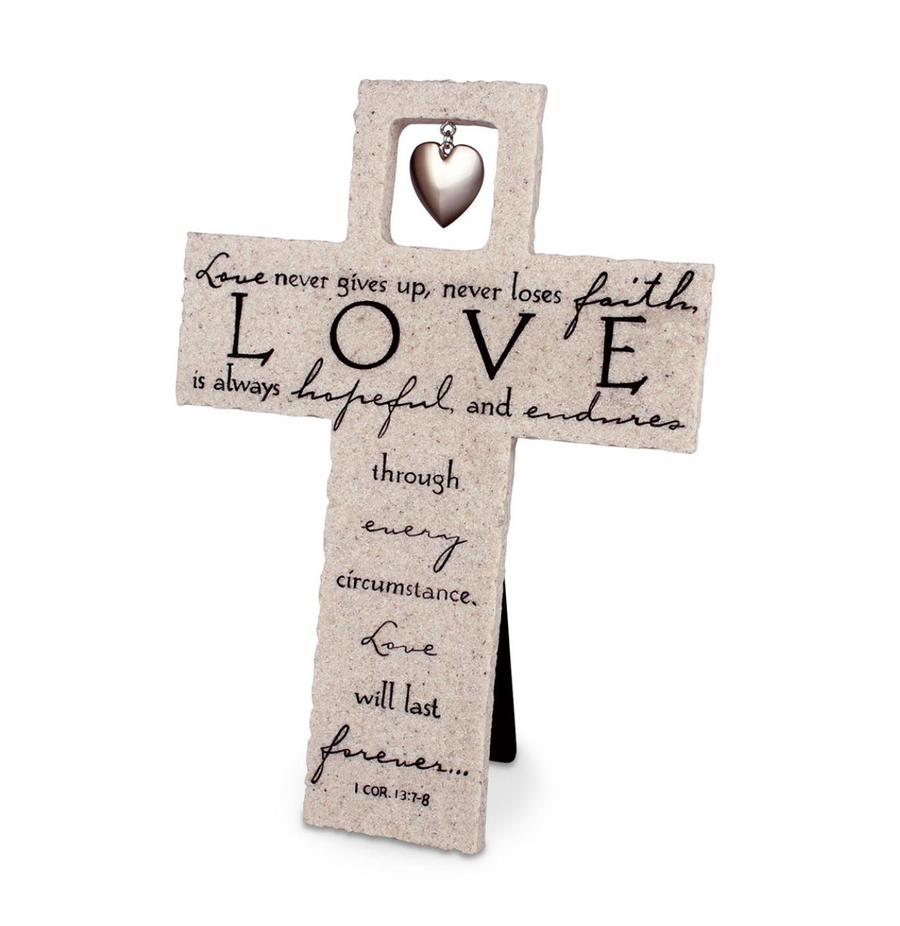 Love 1 Corinthians 13:7-8 Heart Emblem 9.5"H Tabletop Cross