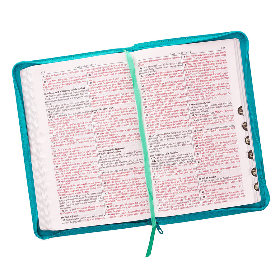 Personalized KJV Zippered Deluxe Gift Bible Thumb Index Faux Leather Turquoise