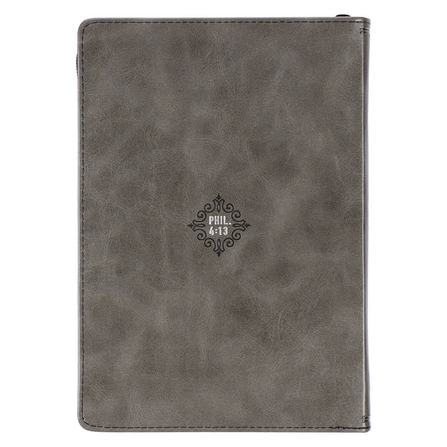 Personalized Journal All things through Christ Gray Faux Leather with Zipper Closure Philippians 4:13