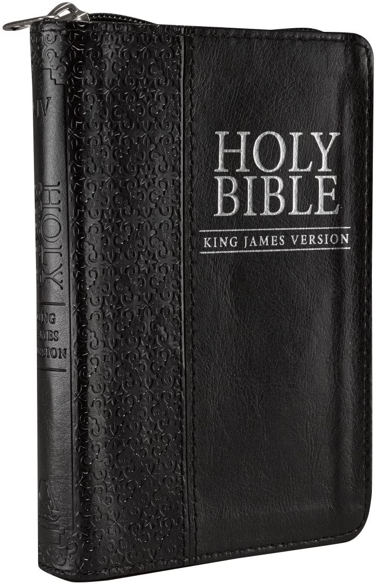 Personalized KJV Holy Bible Compact Zippered Black Faux Leather w/Ribbon Marker