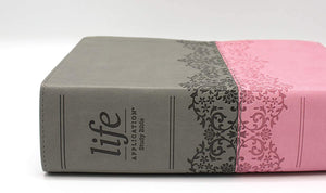 Personalized NIV Life Application Study Bible Third Edition Large Print Leathersoft Gray/Pink