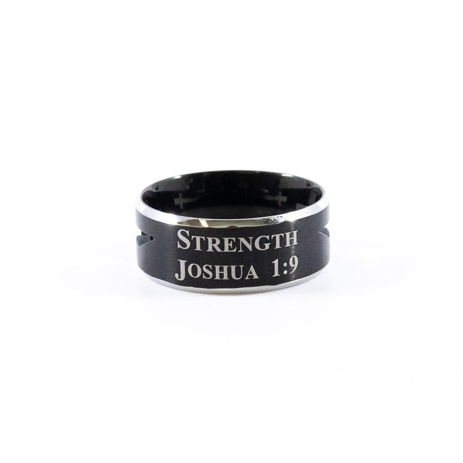 Strength Courage - Joshua 1:9 - Men's Black Cross Ring