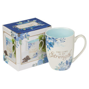 The Lord is My Strength Psalm 28:7 Blue Floral Ceramic Coffee Mug